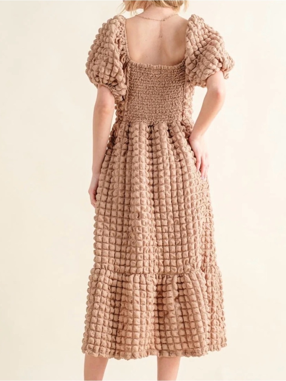 Simply Southern Beige Textured Puff-Sleeve Midi Dress - Picture 3 of 13